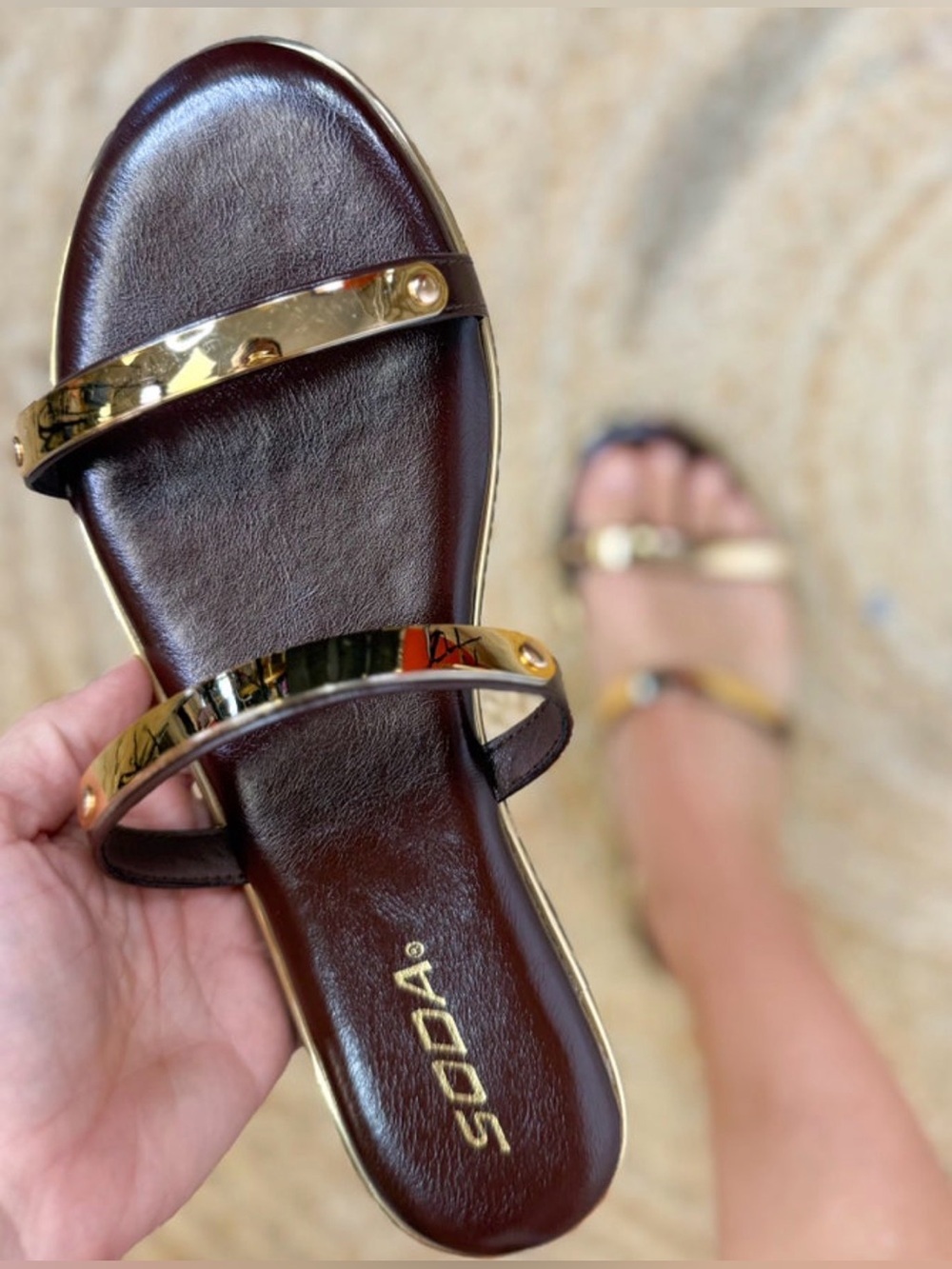 Soda Women's Dark Brown Slide Sandals with Metallic Straps